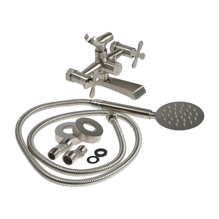 Смеситель для ванны ZEIN Z3732, двухвентильный, излив 10 см, лейка, шланг, сатин Смеситель для ванны ZEIN Z3732, двухвентильный, излив 10 см, лейка, шланг, сатин