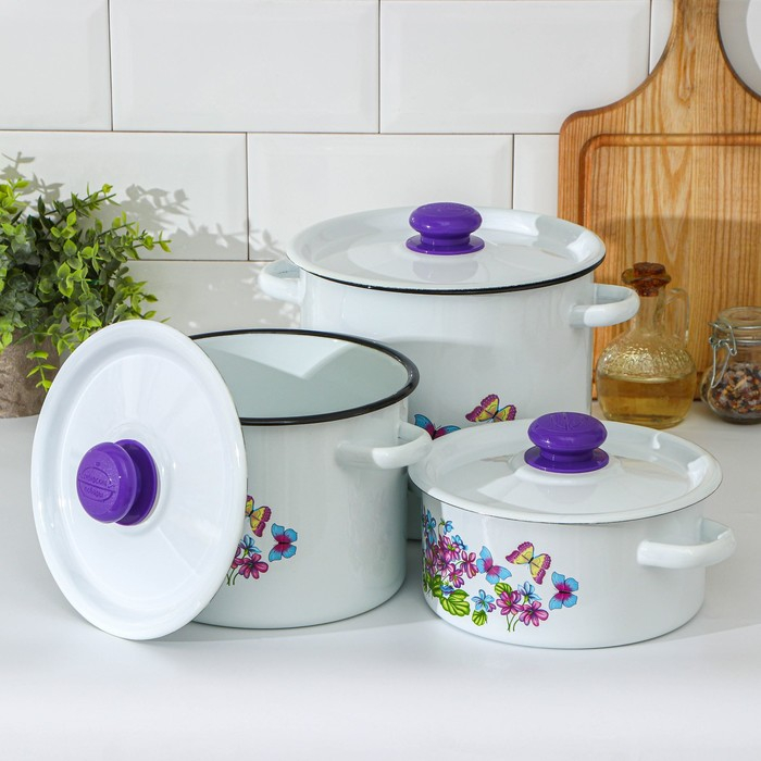 Набор кастрюль &laquo;Фиалка&raquo;, 3 предмета: 2 л, 3.5 л, 5.5 л, эмалированные крышки, индукция, цвет МИКС