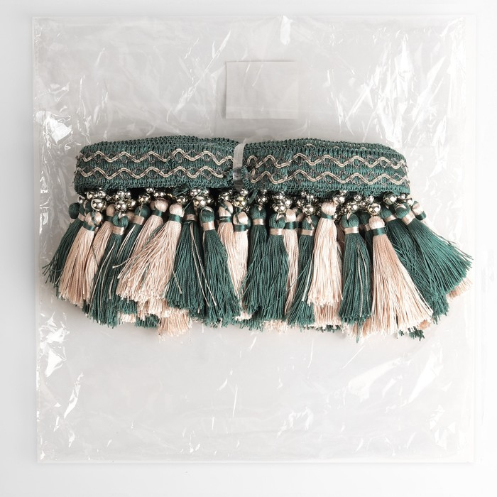 Тесьма с бусинами, 13 см, 5 &plusmn; 0,5 м, цвет изумрудный/бежевый