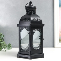 Подсвечник металл, стекло "Фонарь - цветущие вензеля" d-10 см чёрный 13,5х15х29 см