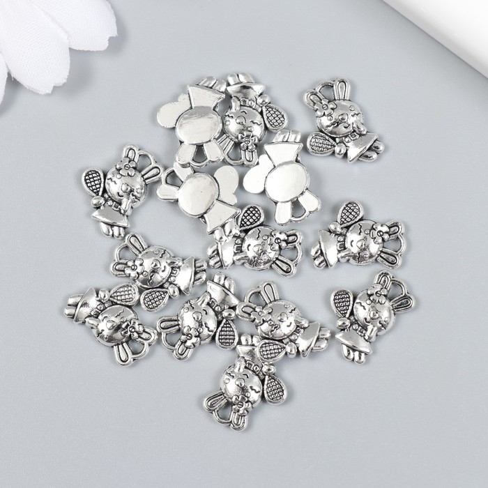 Декор для творчества металл Декор для творчества металл "Зайка с ракеткой" набор 15 шт серебро 1,1х1,5 см