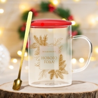 Кружка с ложкой и крышкой стеклянная Дорого внимание &laquo;Волшебного нового года&raquo;, 470 мл