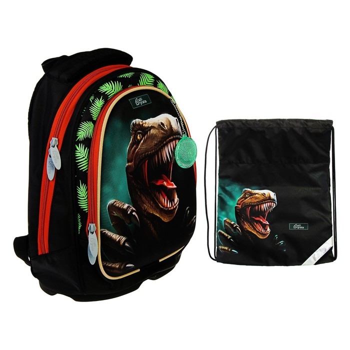 Рюкзак каркасный школьный, 39 х 28 х 18 см, + мешок для обуви, Calligrata П "Крутой дино", зелёный