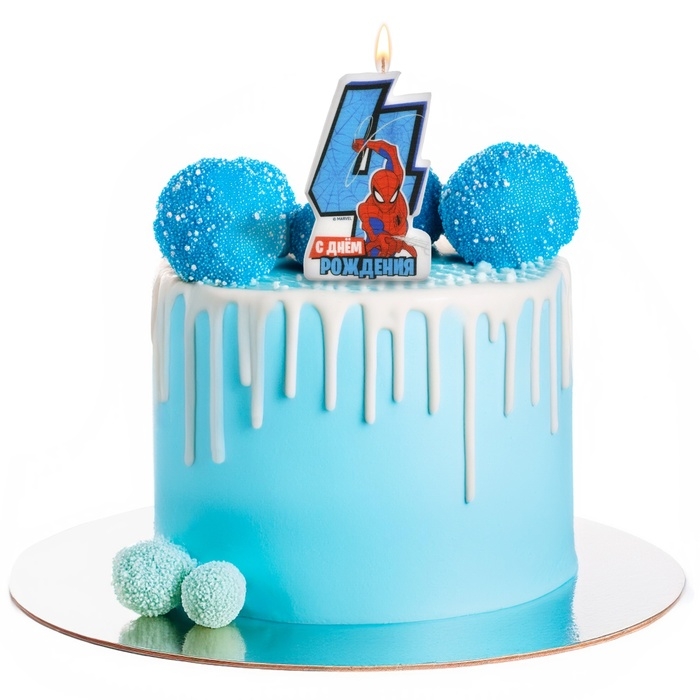 Свеча в торт цифра 4 Свеча в торт цифра 4 "С Днем рождения", Человек-паук, 8,5×5 см
