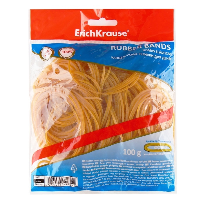 Банковская резинка, 100 г, ErichKrause, диаметр 60 мм, длина 100 мм, 100% каучук, пакет с европодвесом, натуральный цвет Банковская резинка, 100 г, ErichKrause, диаметр 60 мм, длина 100 мм, 100% каучук, пакет с европодвесом, натуральный цвет