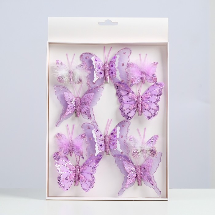 Бабочки для декора и флористики, на прищепке, пластиковые, фиолетовые, микс, 5 см и 8 см Бабочки для декора и флористики, на прищепке, пластиковые, фиолетовые, микс, 5 см и 8 см