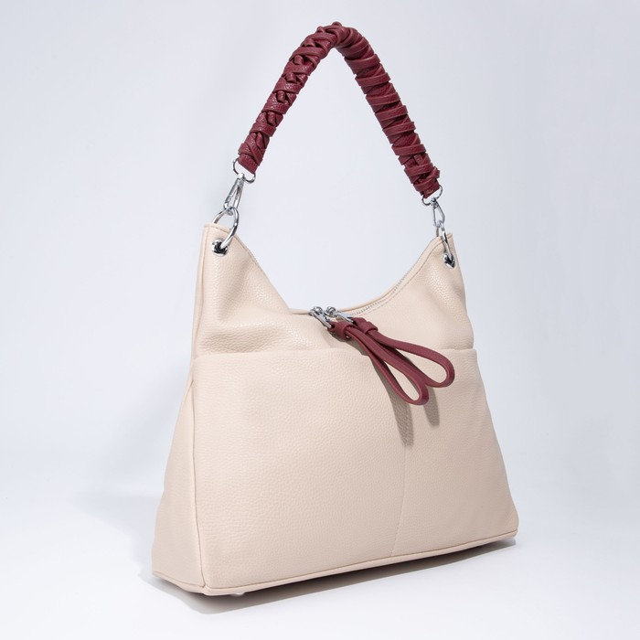 Сумка-мешок, отдел на молнии, 3 наружных кармана, длинный ремень, цвет бежевый/бордовый Сумка-мешок, отдел на молнии, 3 наружных кармана, длинный ремень, цвет бежевый/бордовый