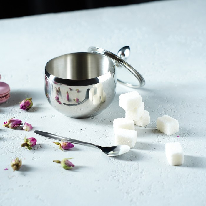 Сахарница из нержавеющей стали с крышкой и ложкой Доляна, 250 мл, 8,5&times;10 см, цвет серебряный