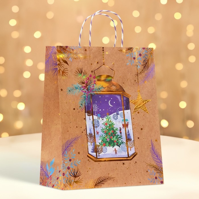 Новый год. Пакет бумажный подарочный новогодний крафт "Новогодняя лампа" 18 х 22,3 х 10 см.