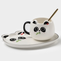 Чайная пара керамическая с ложкой &laquo;Панда&raquo;, 2 предмета: кружка 180 мл, блюдце, рисунок МИКС