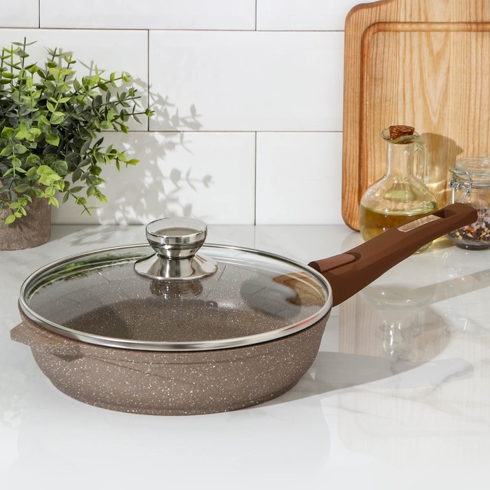 Сковорода &laquo;Гранит&raquo;, d=24 см, съёмная ручка, стеклянная крышка, антипригарное покрытие, цвет коричневый