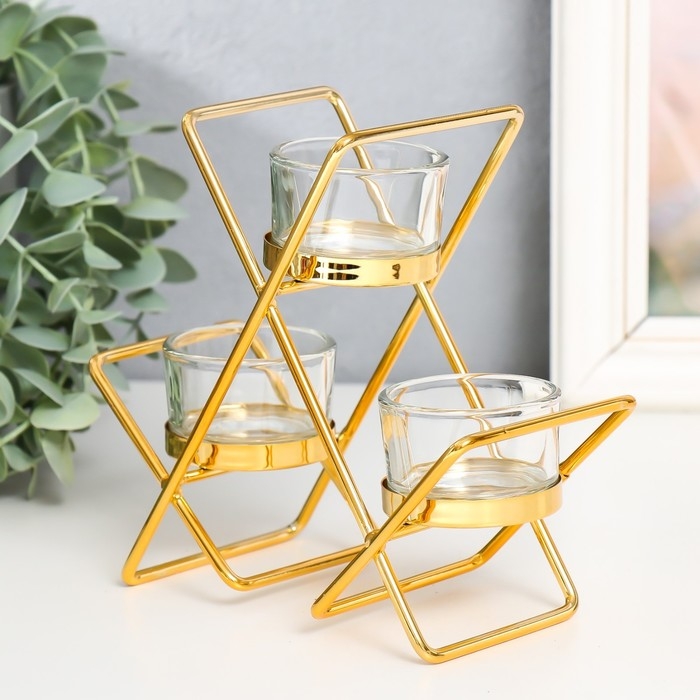 Подсвечник металл, стекло на 3 свечи "Пересечения" d-4,5 см золото 14х6х16 см