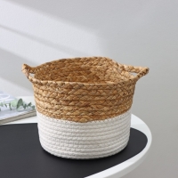 Корзина для хранения ручной работы, с ручками, камыш, хлопок, 20&times;20&times;15 см