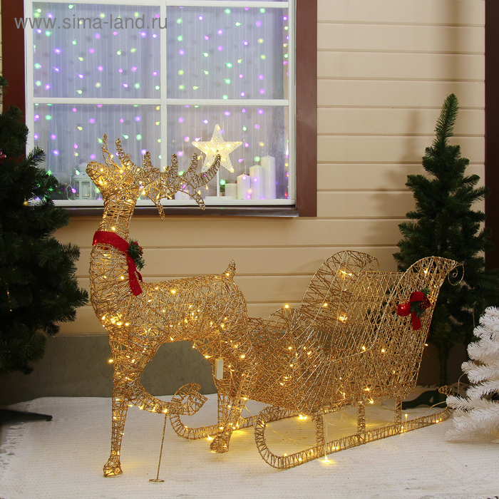 Светодиодная фигура &laquo;Олень с санями золотистый&raquo;, олень: 65 &times; 130 &times; 27 см, сани: 120 &times; 70 &times; 45 см, металл, 220 В, свечение тёплое белое