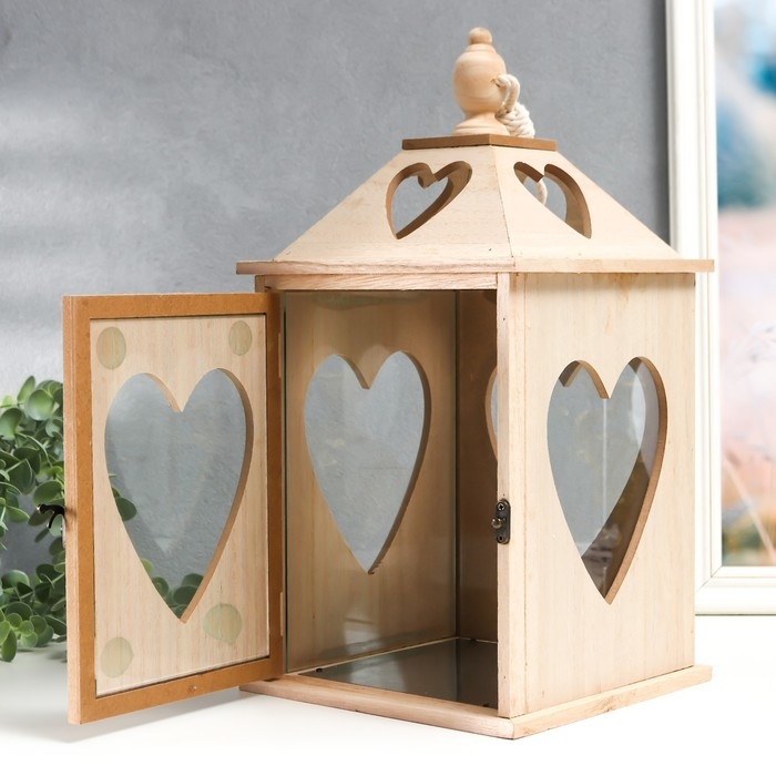 Подсвечник дерево Подсвечник дерево "Фонарь домик с сердцами" набор 2 шт 28х14,5х14,5; 38х19,5х19,5 см