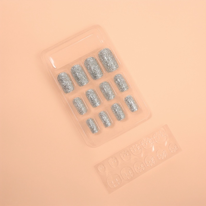 Накладные ногти &laquo;Сияние&raquo;, 12 шт, с блёстками, с клеевыми пластинами, форма мягкий квадрат, серебристые