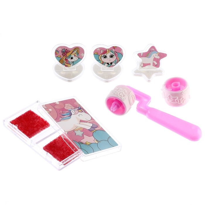 Печать цветная &laquo;Единороги&raquo;, набор 3 шт., ролик-печать с 2 насадками, штемпельная подушка