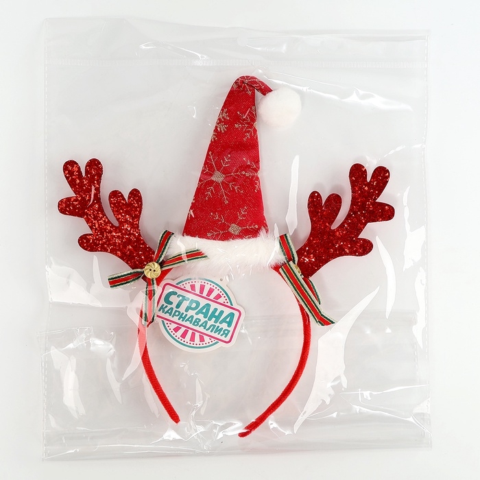 Карнавальный ободок новогодниий для волос детский &laquo;Колпак с рожками&raquo;, красный