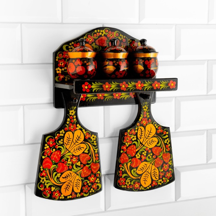 Набор &laquo;Земляничка&raquo;, 6 предметов: 2 доски, 3 банки, подставка, хохлома