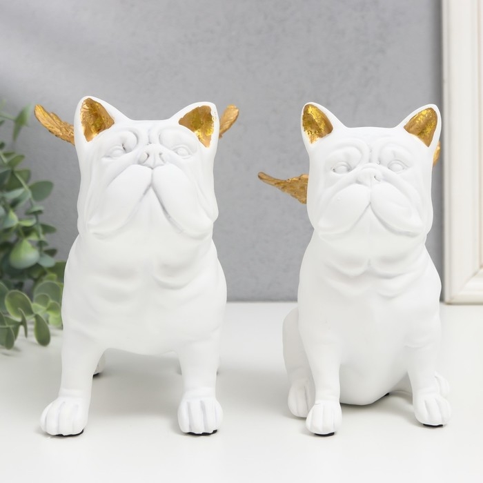 Сувенир полистоун "Бульдоги с крыльями" белый набор 2 шт 16,5х10,5х13,5 16,5х11,5х18,5 см