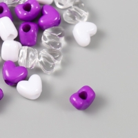 Бусины пластик "Сердце. Фиолетовый, белый, прозрачный" набор 20 гр 1,2х0,9х0,8 см