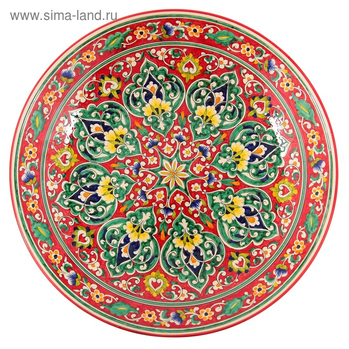 Ляган круглый Риштанская Керамика, 41см, красный, орнамент зелёно-жёлтый Ляган круглый Риштанская Керамика, 41см, красный, орнамент зелёно-жёлтый