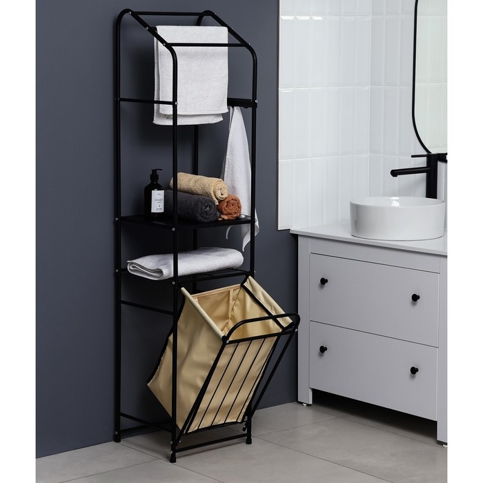 Стеллаж с корзиной для белья и перекладинами, 2-х ярусный, 38&times;35&times;160 см, цвет чёрный