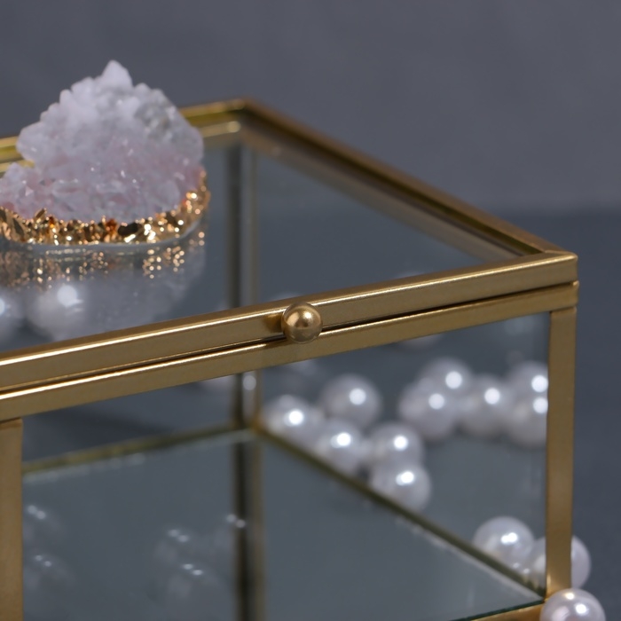 Органайзер для хранения &laquo;MOUNTAINS&raquo;, с крышкой, стеклянный, с зеркальным дном, 1 секция, 10 &times; 10 &times; 6 см, цвет прозрачный/медный