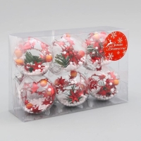 Набор шаров пластик d-6 см, 6 шт "Льдинка - звёзды в снегу" прозрачный