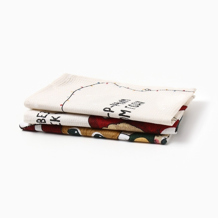 Новый год. Набор полотенец Доляна "Помурчим в новом году" 28х46 см - 3шт, 100% хл, рогожка 164 г/м2