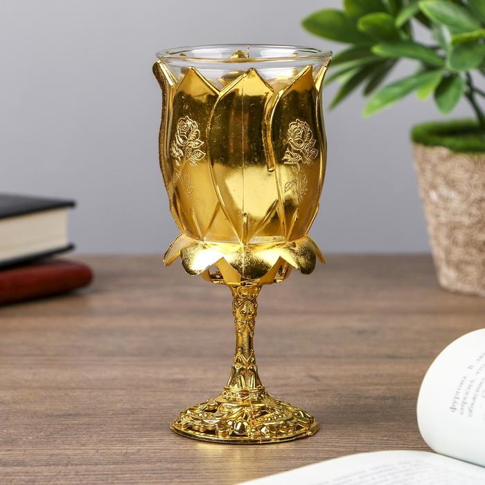 Подсвечник пластик, стекло на 1 свечу Подсвечник пластик, стекло на 1 свечу "Роза" бокал на ножке золото 13х6х6 см