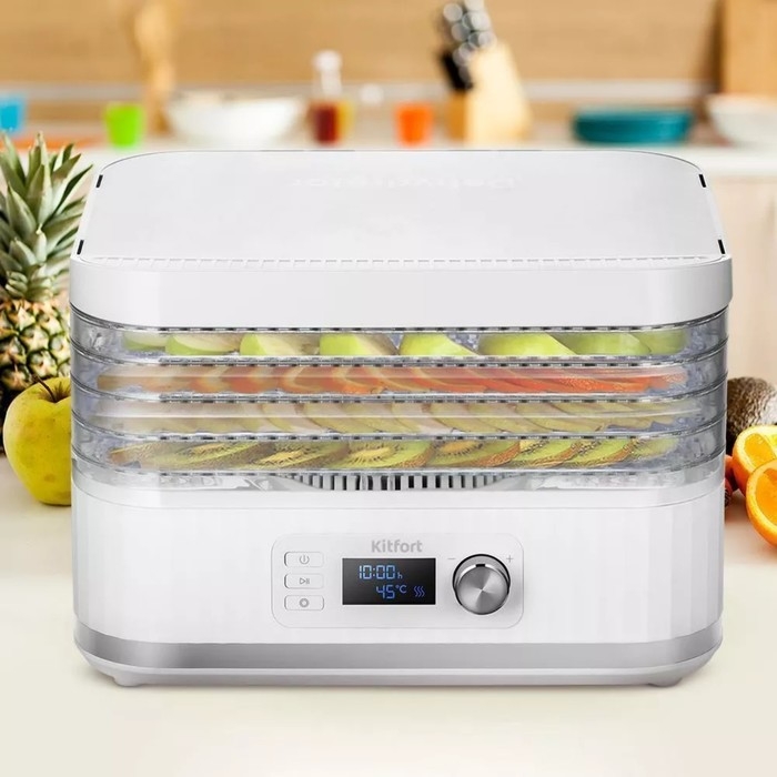 Сушилка для овощей и фруктов Kitfort КТ-1959, 450 Вт, 5 ярусов, таймер, белая Сушилка для овощей и фруктов Kitfort КТ-1959, 450 Вт, 5 ярусов, таймер, белая