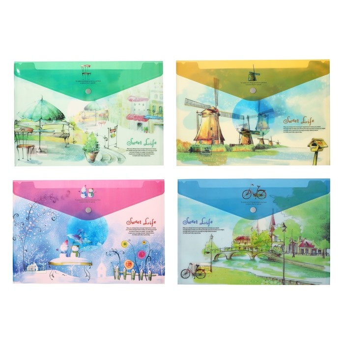 Набор папок-конвертов на кнопке А4, 160 мкр, 12 штук, Набор папок-конвертов на кнопке А4, 160 мкр, 12 штук, "Пейзажи"