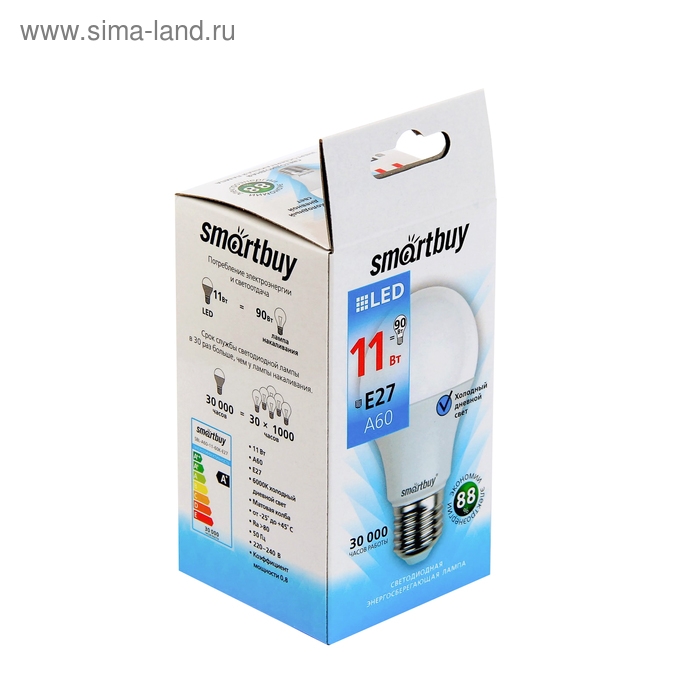 Лампа cветодиодная Smartbuy, E27, A60, 11 Вт, 6000 К, холодный белый свет
