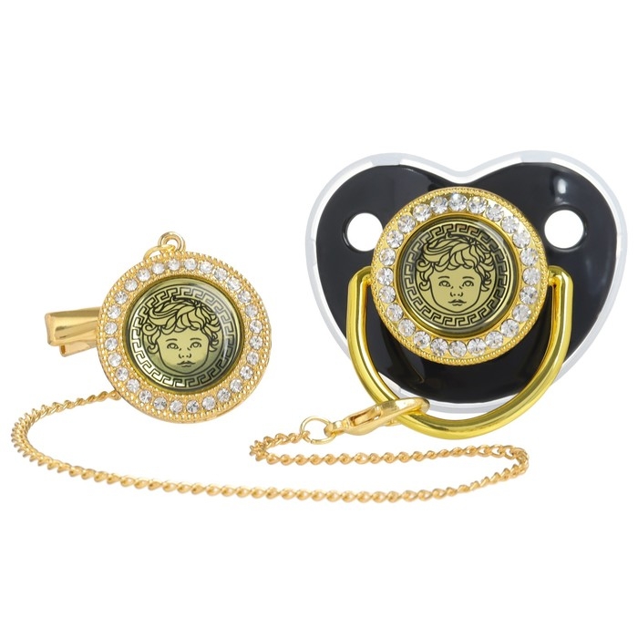 Соска - пустышка силиконовая ортодонтическая «Наш ангел», от 6 мес., с колпачком + держатель - цепочка, цвет черный/золото, стразы Соска - пустышка силиконовая ортодонтическая «Наш ангел», от 6 мес., с колпачком + держатель - цепочка, цвет черный/золото, стразы