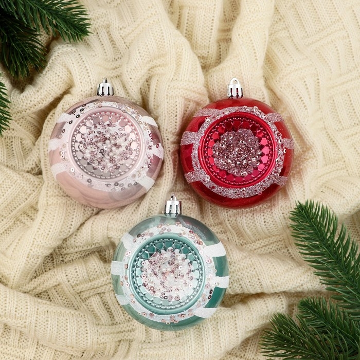 Набор шаров пластик d-8 см, 3 шт "Морозец" микс