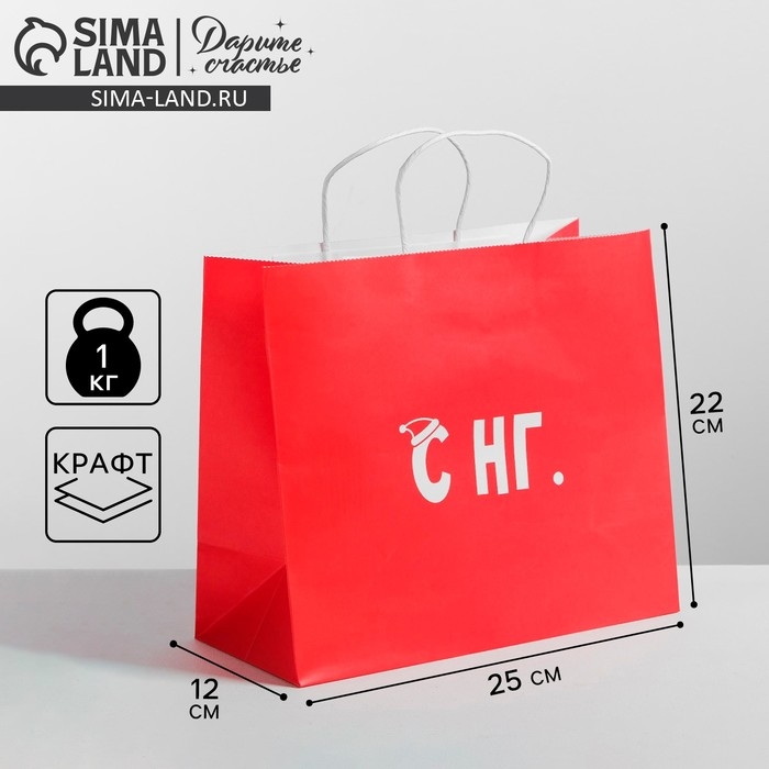 Пакет подарочный новогодний крафт &laquo;С НГ&raquo;, 25 х 22 х 12 см, Новый год
