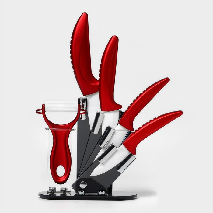 Набор кухонный на подставке &laquo;Изгиб&raquo;, 5 предметов: 4 ножа, лезвие 7,5 см, 10 см, 13 см, 15 см, овощечистка, цвет красный