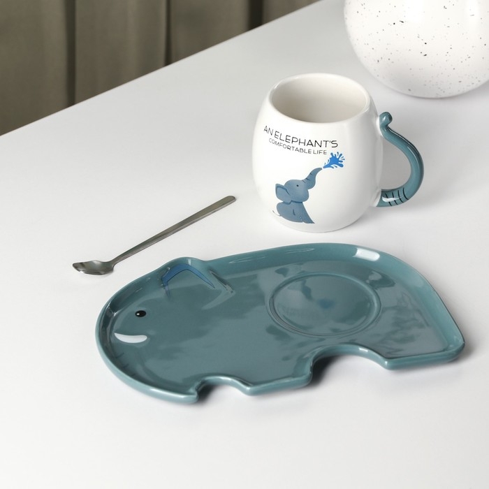 Чайная пара керамическая &laquo;Слоник&raquo;, 2 предмета: кружка с ложкой 220 мл, блюдце 19&times;12,5 см