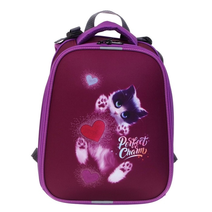 Рюкзак каркасный школьный 38 х 30 х 16 см, эргономичная спинка, Stavia "Котик 3D", сиреневый