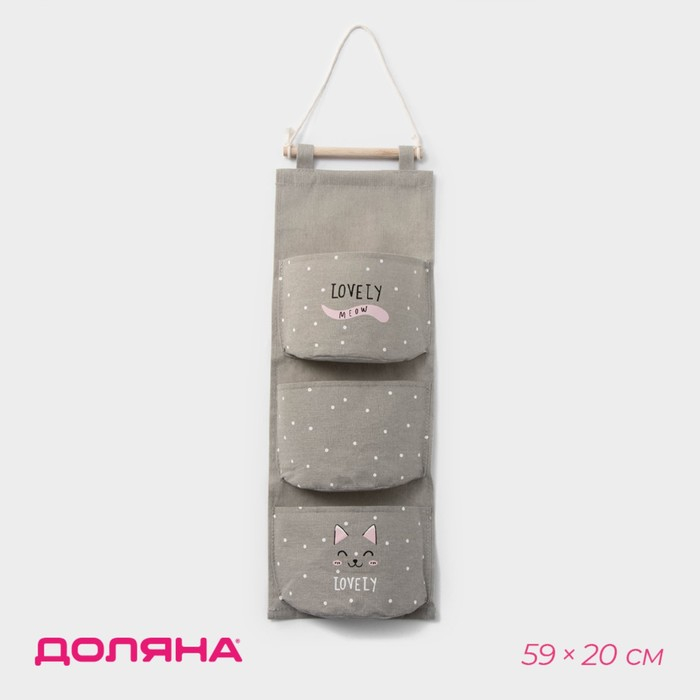 Органайзер подвесной с карманами Доляна &laquo;Котейка&raquo;, 3 отделения, 59&times;20 см, цвет бежевый