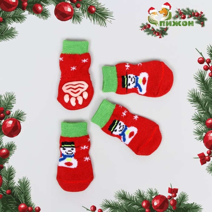 Носки нескользящие Носки нескользящие "Снеговики", S (2,5/3,5 * 6 см), набор 4 шт, красные