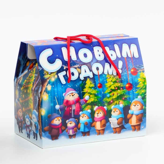 Новый год. Подарочная коробка Новогодняя Коробка-Кейс Новый год. Подарочная коробка Новогодняя Коробка-Кейс "Хор" с верев. ручками с анимацией 20,5*12*18см.