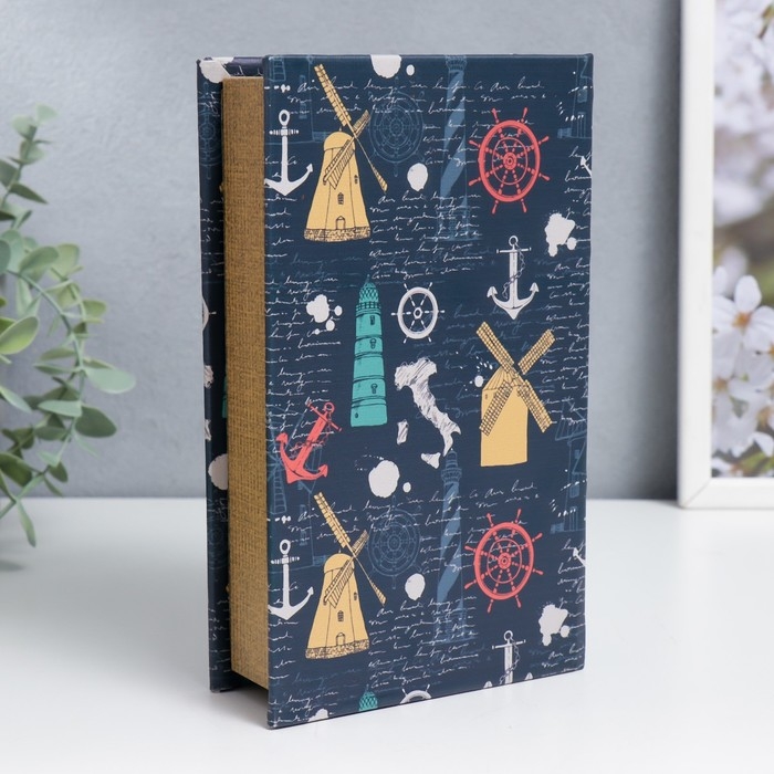 Сейф-книга дерево кожзам "Мельницы, штурвалы и якоря" 21х13х5 см