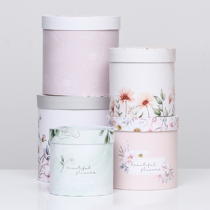 Набор шляпных коробок 5в1 "Цветочный", 20 &times; 20 &times; 20‒14 &times; 14 х 14 см