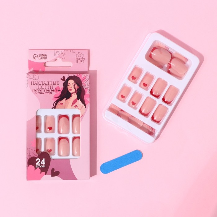 Накладные ногти &laquo;Любовь&raquo;, 24 шт, клеевые пластины, форма квадрат, цвет глянцевый розовый/красный