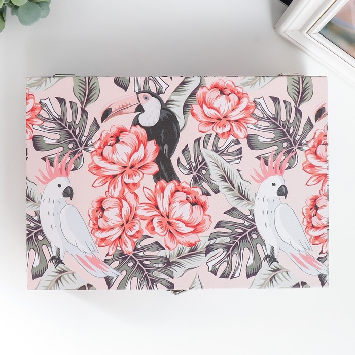 Шкатулка дерево "Какаду и тукан в цветочных джунглях" кожзам 5,5х24х17 см