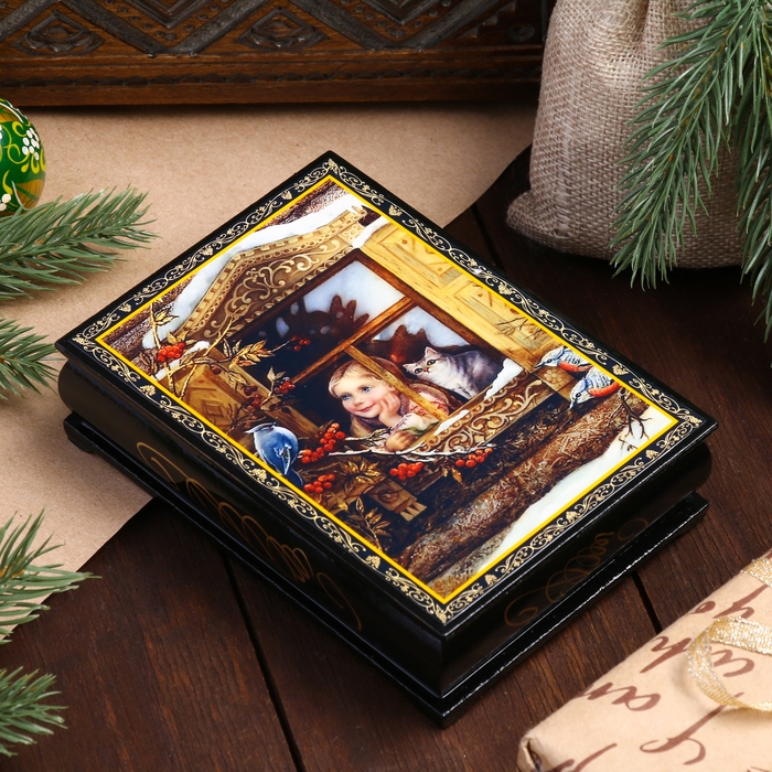 Шкатулка &laquo;Снегири в окне&raquo;, 10&times;14 см, лаковая миниатюра