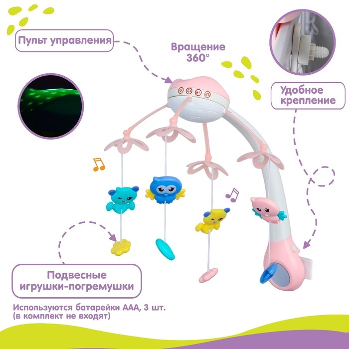 Мобиль музыкальный на кроватку &laquo;Нежные птички&raquo;, с ночником + пульт, цвет МИКС