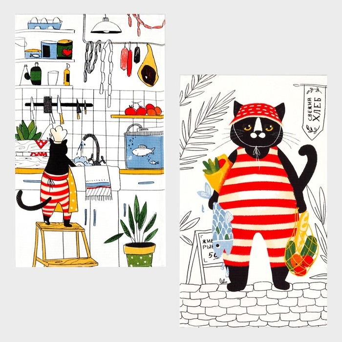 Набор кухонных полотенец Доляна &laquo;Котик на кухне&raquo; 35х60см-2шт, 100% хл